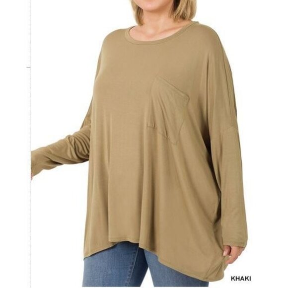 NWOT Zenana Khaki Long Sleeve Luxe Rayon  Front Pocket Top - Picture 1 of 4